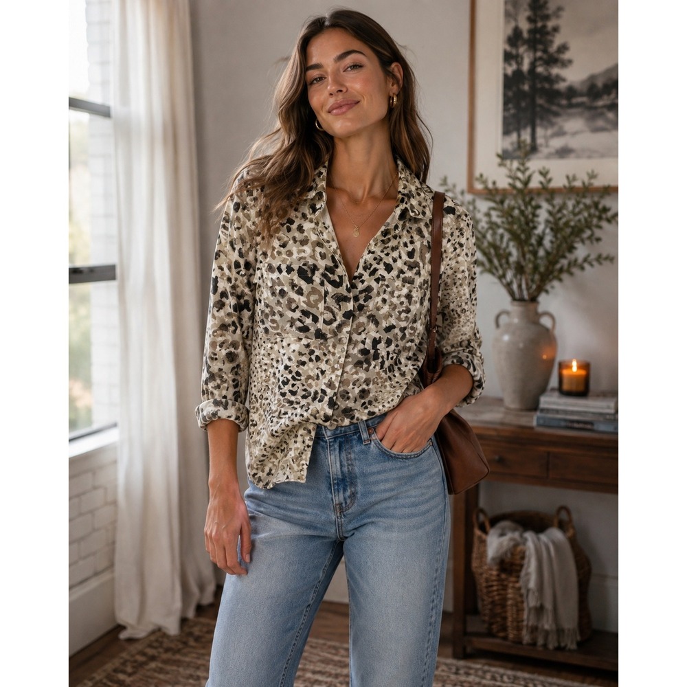 Cloth & Stone Anthropologie Leopard Print Tencel Button Down Shirt Small Grey